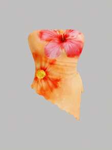 SHEIN MOD 女士休闲花卉不对称下摆抹胸，适合夏季、度假，橙色花卉印花，不对称下摆，开衩，抽绳