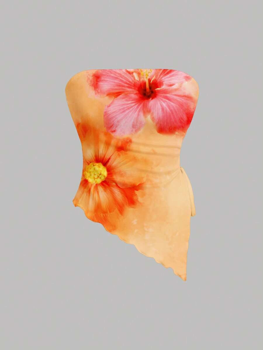 SHEIN MOD 女士休闲花卉不对称下摆抹胸，适合夏季、度假，橙色花卉印花，不对称下摆，开衩，抽绳