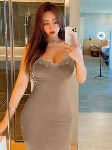 DAZY Đầm slip dáng ôm màu trơn thanh lịch viền ren, đầm maxi mùa hè sang trọng, trang phục đi học. - Màu Khaki - Xem 3