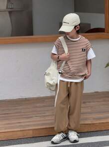 SHEIN Leap Crew 3pcs/Set Tween Boys' Casual Striped Vest, Short Sleeve Tee And Long Pants Set, Suitable For Commuting, School, Everyday Casual Wear, Sports, Spring/Summer - Khaki - View 1