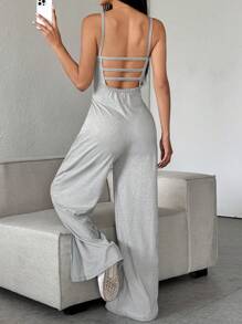 Flirla Petite 女士夏季简约纯色露背宽松阔腿连体裤 - 淺灰色 - 查看 2