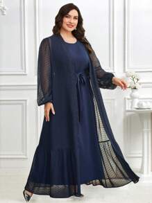 Veilorie Plus Size Solid Sleeveless Tie Waist Robe And Polka Dot Mesh Robe Arabic Outfit