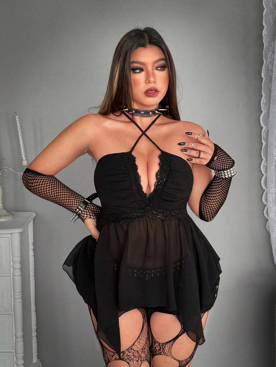 Whyspr Grunge Punk Rave 大码时尚性感蕾丝拼接不对称下摆露背吊带上衣