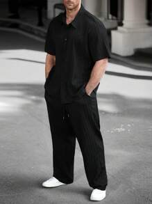 Manfinity Homme Plus Size Men's Casual Versatile Solid Color Shirt & Pants Set Men Co Ords Outfits For Clothes, Formal - Black - View 3