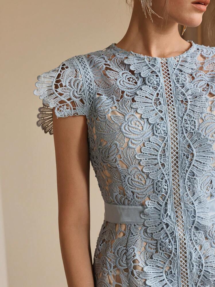 Anewsta Spring, Vacation, Festival Women's Elegant Lace Hollow Embroidery New Summer Patchwork Floral Round Neck Short Sleeve Dress - Baby Blue - View 7