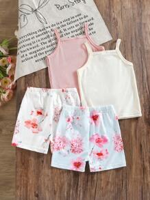 2pcs Set Baby Girl Elastic Ribbed Camisole With Floral Print & Tight Shorts, Comfortable Casual Summer Outfit - Pink - View 2