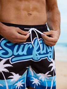 Surfspeed Men's Palm Tree Print Drawstring Waist Casual Beach Shorts Men Swim Trunks - Black - View 8