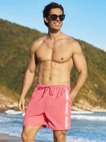 Surfspeed Quần short đi biển đơn giản in chữ buộc eo phía trước cho nam, trang phục thường ngày ngày lễ - Màu Hồng  Dưa hấu - Xem 6