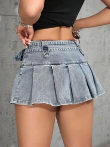 SHEIN PETITE 女士破洞褶皱迷你牛仔半身裙