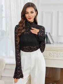 Modelyn Women's Solid Color Stand Collar Long Sleeve Lace Trim Casual Sheer Blouse