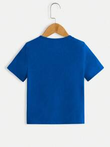 年轻男孩卡通兔子印花休闲街头 T 恤，舒适夏季户外运动图案 T 恤 - 寶藍色 - 查看 2