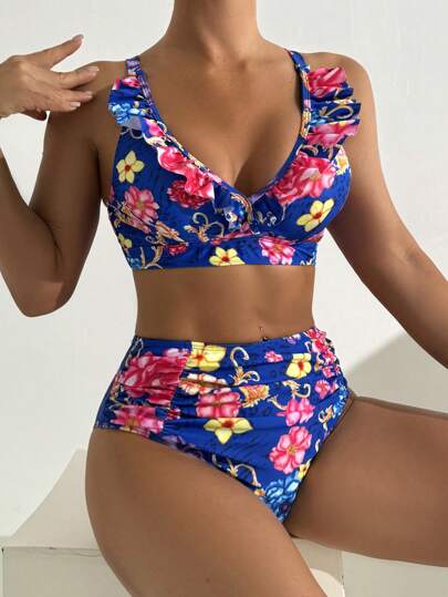 Swim Lushoire Women's Summer Beach Floral Print Ruffle Trim Sexy Bikini Swimwear Set