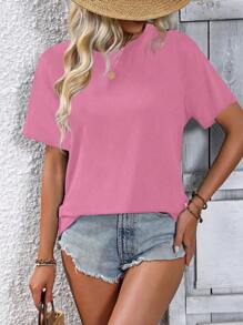 Breezaya 女士度假休闲纯色露背镂空短袖 T 恤 - 粉色 - 查看 5