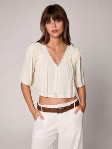 TRNVIE Áo cánh ren cotton rộng rãi thường ngày cho nữ ngày lễ - Màu be - Xem 4