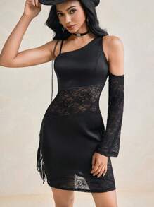 Ella Moore Minivestido asimétrico de manga larga con cuello de encaje y satén negro, vestido sexy para rave, estilo y2k, vestido de hombros descubiertos para vacaciones, vestido de verano, vestido informal, vestido de fiesta