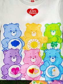 SHEIN X Care Bears 年轻女孩可爱彩色爱心和熊印花白色休闲百搭舒适短袖 T 恤和彩色短裤睡衣套装