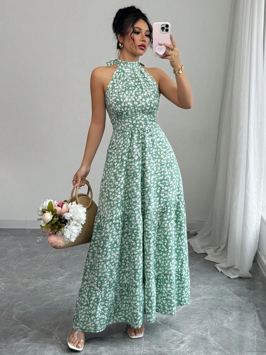 Elenzga Women's Green Ditsy Floral Halter Neck Backless Gathered Waist Casual Vacation Midi Dress