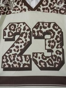 ROMWE MEN Prep Men's Jersey Mesh Patchwork Leopard Print V-Neck T-Shirt, Spring/Summer