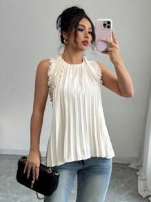 Elenzga Sleeveless Frill Trim A-Line Pleated Elegant Romantic Women Dress - Apricot - View 4