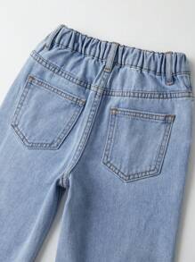 SHEIN Young Girls Jeans - Distressed Light Wash Blue Denim Jeans With Butterfly Print, Rhinestone Decor And Elastic Waist, Loose Fit Wide Leg - Light Wash - View 6