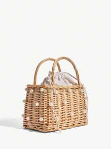 SHEIN SXY 女士手提包，草编包，藤编，珍珠，时尚，优雅，简约，个性化，多功能，适合海滩，度假，节日，夏季，海边 - 米色 - 查看 3