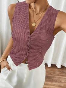 SHEIN Frenchy Women's Solid Color Front Button Vacation Casual Tank Top Summer