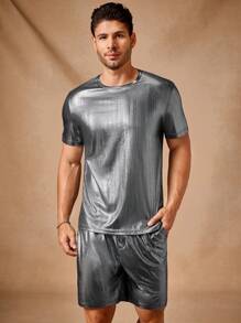 Manfinity VCAY Men's Knitted Casual Daily Loose Solid Color Short Sleeve T-Shirt And Drawstring Waist Straight Leg Shorts 2 Pieces Set