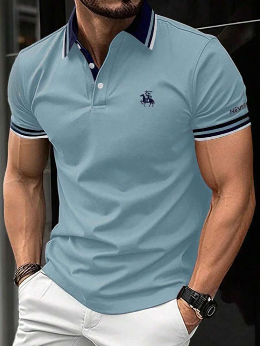 Manfinity Homme 大码男式夏季休闲撞色边饰短袖 Polo 衫 - 霧霾藍 - 查看 1