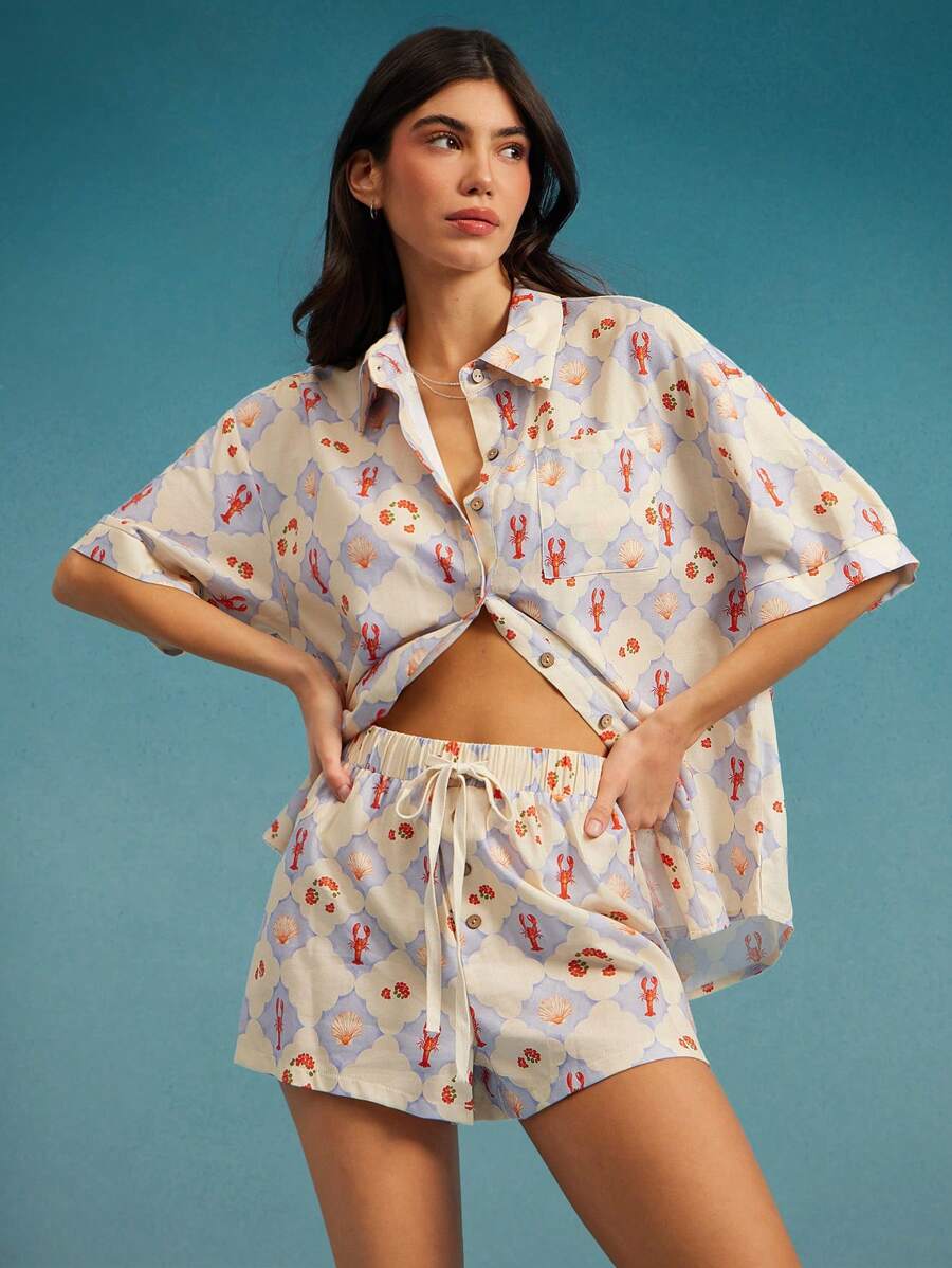 WESTFADE 西部牛仔女郎夏季海滩龙虾与贝壳混合印花匹配两件套，领口宽松短袖超大男友风前扣衬衫和高腰弹力抽绳腰部仿纽扣前宽松短裤