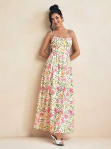 Miriam Omar Multicolor Spring And Summer Floral Print Cami Tie-Up Strap Ruched Bodice Maxi Dress Vacation Sundress For Women, Rave, Prom Dress, Brunch Outfits, Tea Party Dress - Multicolor - View 4