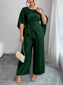 Elenzga Plus Size Women 2pcs Set: Round Neck Bell Sleeve Twist Top And Wide Leg Pants, Elegant - Army Green - View 1