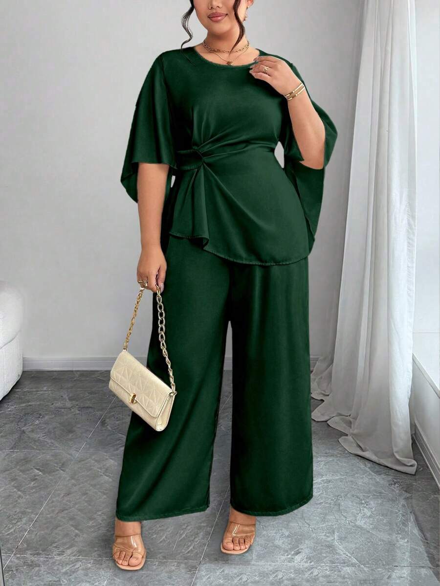 Elenzga Plus Size Women 2pcs Set: Round Neck Bell Sleeve Twist Top And Wide Leg Pants, Elegant - Army Green - View 1