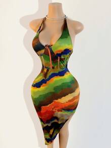 BamGleam 2025春夏新款女式性感无袖露背印花连衣裙