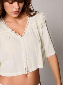 TRNVIE Áo cánh ren cotton rộng rãi thường ngày cho nữ ngày lễ - Màu be - Xem 1