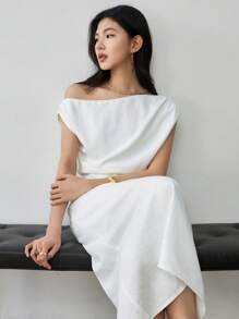 Dazy-Less 女士商务休闲斜领简约高端中长连衣裙夏季复古风格优雅亚麻婚礼连衣裙 - 白色 - 查看 6