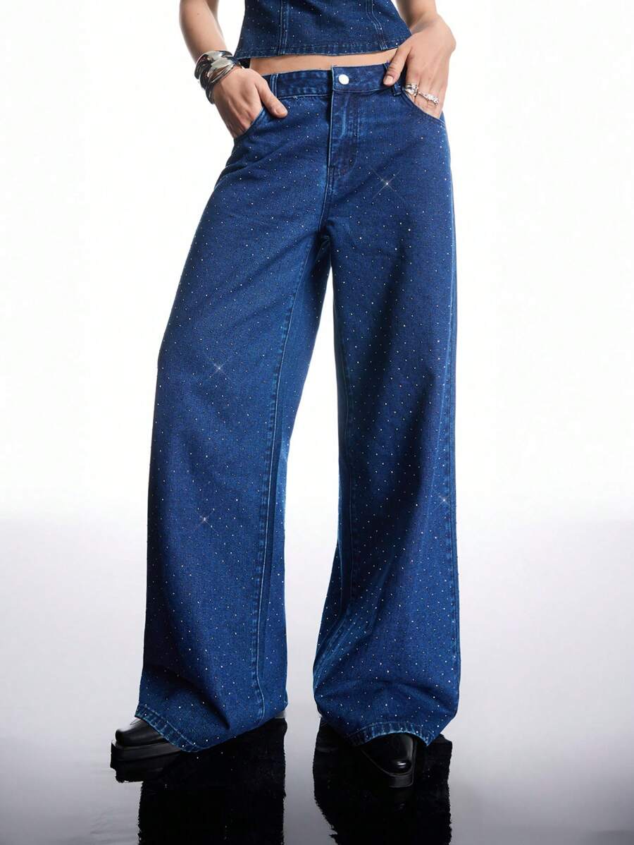 LYSMO 女士时尚水钻装饰低腰阔腿牛仔裤 - 藍色 - 查看 1