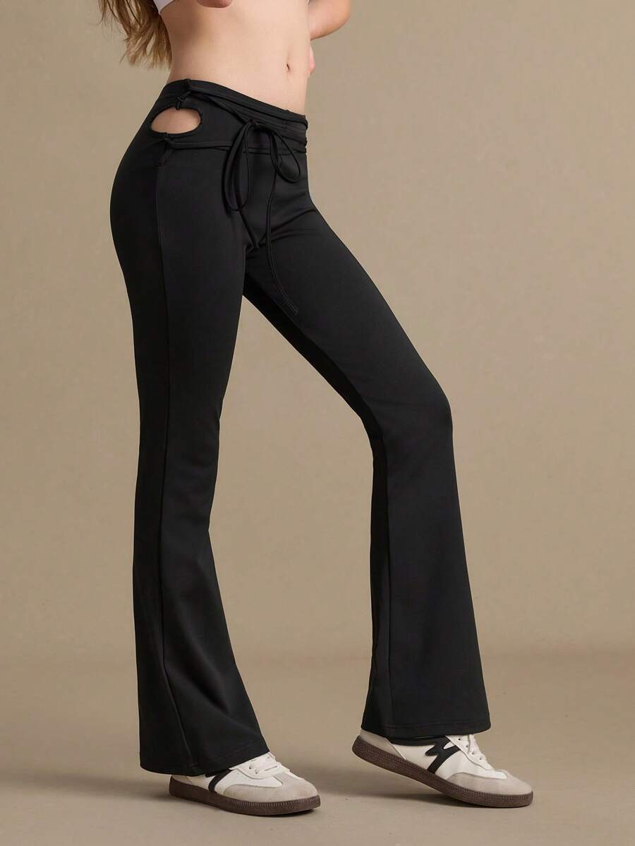 男士纯色腰带镂空喇叭运动裤 - 黑色 - 查看 1