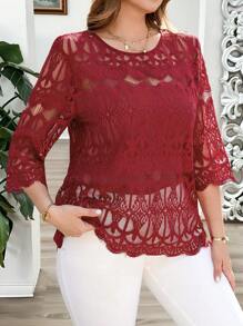 SHEIN Clasi Plus Size Women Elegant Solid Color Sheer Lace Blouse,Modesty Clothes Women,Crochet Top,Spring Outfits For Women,Red Top,Summer Tops,Vacation Style,Summer Outfits For Women,Summer Tops,Modesty Clothes Women,Floral,Shirts Women,Funny Shirts,Suitable For Everyday Elegant Wear,Vacation Outfits Woman,Summer Outfits For Women,Business Casual Woman,Going Out Tops Women ,Office Wear Women,Spring Outfits For Women,Festival ,Old Money, Short Sleeve Tops Women,Elegant Woman Clothing,Modesty Clothes Women,Casual Tops Women,Spring Break,St Patrick Day Shirt - Red - View 1