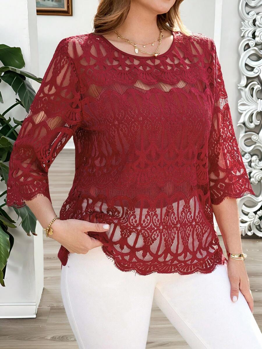 SHEIN Clasi Plus Size Women Elegant Solid Color Sheer Lace Blouse,Modesty Clothes Women,Crochet Top,Spring Outfits For Women,Red Top,Summer Tops,Vacation Style,Summer Outfits For Women,Summer Tops,Modesty Clothes Women,Floral,Shirts Women,Funny Shirts,Suitable For Everyday Elegant Wear,Vacation Outfits Woman,Summer Outfits For Women,Business Casual Woman,Going Out Tops Women ,Office Wear Women,Spring Outfits For Women,Festival ,Old Money, Short Sleeve Tops Women,Elegant Woman Clothing,Modesty Clothes Women,Casual Tops Women,Spring Break,St Patrick Day Shirt - Red - View 1