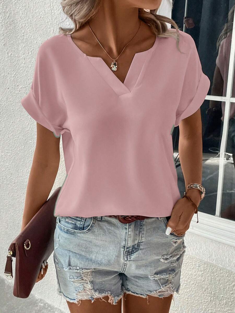 SHEIN Clasi Women's Plain V-Neck Casual Short Sleeve Blouse - Dusty Pink - View 1