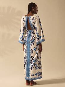 CAJUNI 女式波西米亚风格热带蓝色花卉印花灯笼袖 V 领露背连衣裙，度假休闲 - 彩色 - 查看 3