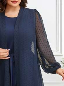 Veilorie Plus Size Solid Sleeveless Tie Waist Robe And Polka Dot Mesh Robe Arabic Outfit