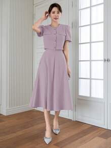 DAZY Women Elegant Commuting Solid Color Puff Sleeve Top And Skirt 2 Pieces Set - Purple - View 3