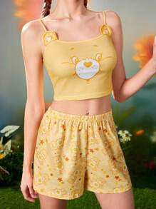 SHEIN X Care Bears Conjunto de pijama de top de tirantes con diseño de orejas 3D y estampado de oso Funshine y shorts con estampado de estrellas, en estilo casual y adorable, para primavera y verano