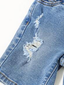 Nuevos shorts vaqueros informales a juego para bebé/niño pequeño con cintura con cordón, estilo desgastado y roto, elásticos y suaves, para primavera/verano 2025 - Azul lavado medio - Ver 6