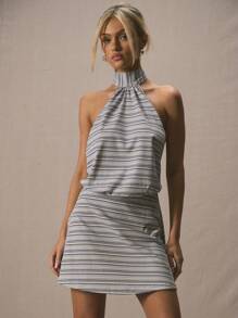 MUSERA Extreme Scoop Low Back Halterneck Striped Floaty Mini Dress Spring Summer Cute Vacation - Multicolor - View 1