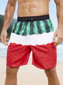 Manfinity KASUA Men's Watermelon Print Drawstring Waist Casual Beach Shorts Men Swim Trunks - Red - View 5