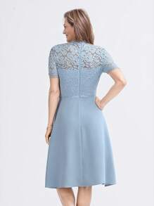 Miaspire Robe mi-longue élégante en dentelle avec empiècement, manches courtes, taille cintrée, bleu clair, convient pour les mariages et les événements sociaux