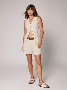 Flirla 2pcs/Set Women Apricot Linen V-Neck Sleeveless Vest & Loose Casual Vacation Shorts Suit