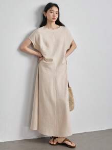 Dazy-Less Linen Minimalist Solid Color Cinched Waist Design Formal Women Midi Dress Old Money Style Sundress,Casual Women Dresses Business Casual Woman Work Clothes - Khaki - View 8